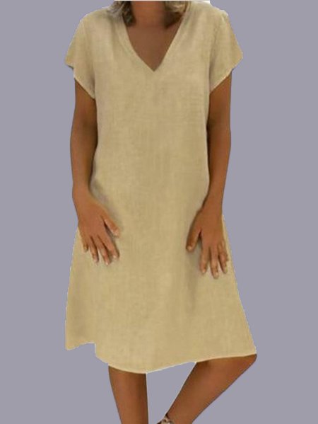 

Gonna Casuale con Maniche Corte Cottone con Scollo a V, Cachi, Casual Dresses