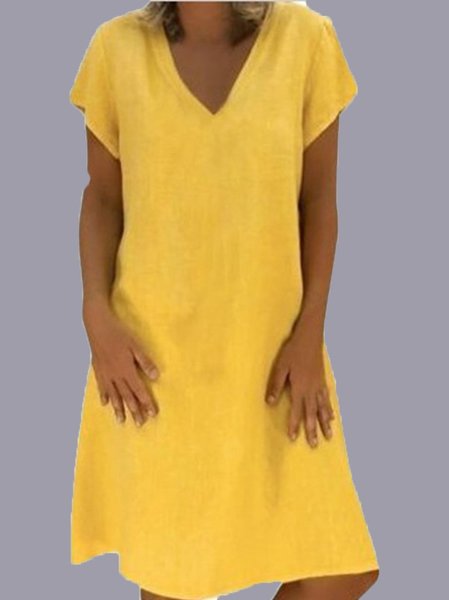 

Casual Short Sleeve Cotton V Neck Knitting Dress, Yellow, Midi Dresses