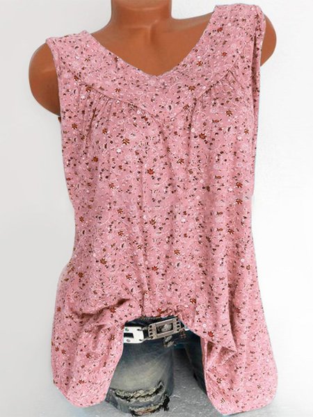 

Summer Women Floral V Neck Sleeveless Blouses, Pink, Tanks & Camis