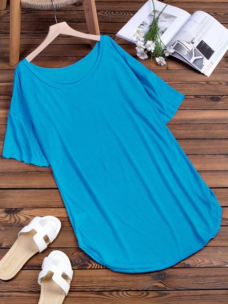 

Solid Short Sleeve Dress, Blue, Midi Dresses