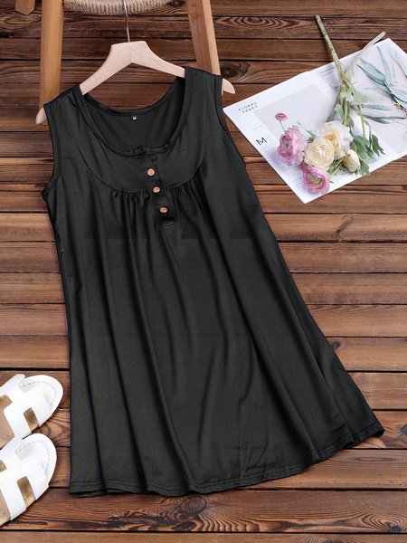 

Crew Neck Women Summer Knitting Dress Shift Beach Casual Buttoned Knitting Dress, Black, Summer Dresses