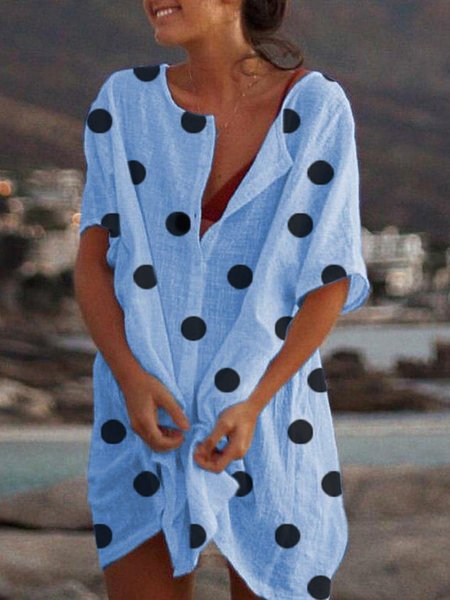 

Casual Cotton Short Sleeve Polka Dots Weaving Dress, Blue, Summer Dresses