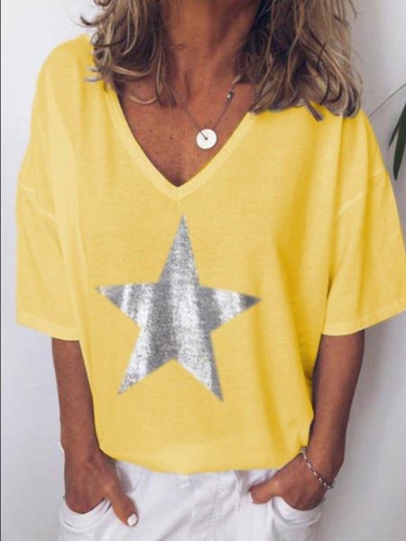 

Maglietta con Maniche Corte Casuale Stella Taglia Grande, Giallo, T-Shirts
