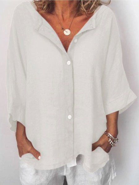 

Camicia Più Taglia Casuale Solido a V Neck con 3/4 Manica, Bianco, Blouses & Shirts