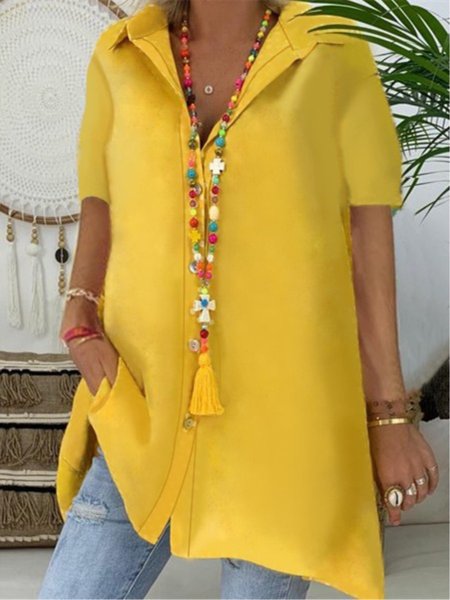 

Casual Plain Shirt Collar Buttoned Short Sleeve Blouse, Yellow, Summer Clearance