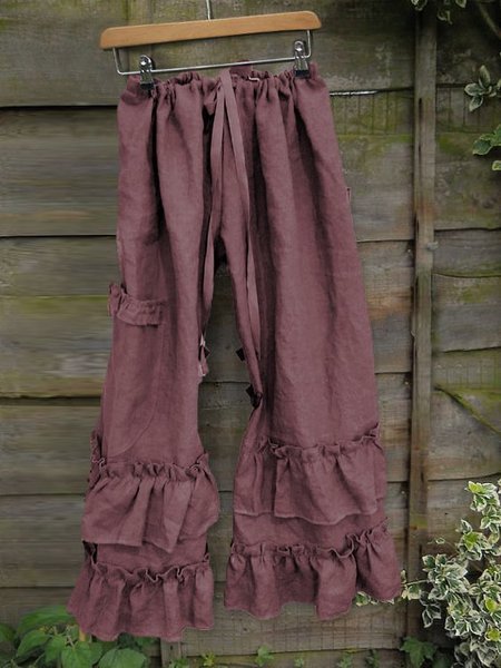 

Donna Pieghe Casuale Volant Pantaloni, Rosa, Pants