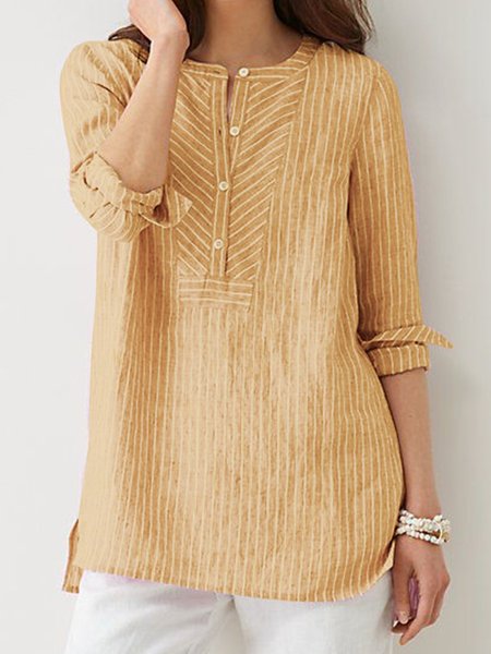 

Camicie da Donne a Righe Abbottonato Colletto Rialzato Spacco Lato Casuale, Giallo, Tops