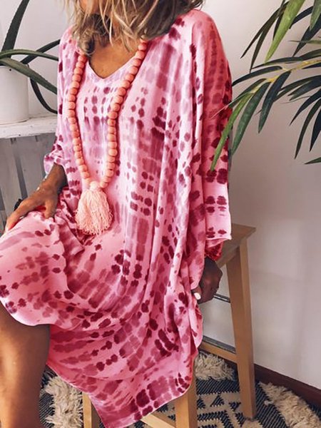 

V Neck Printed Vintage Dress, Rose, Tie-dye Dress