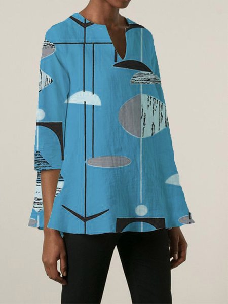 

Cotton-Blend Floral 3/4 Sleeve V Neck Blouse, Sky blue, Shirts & Blouses