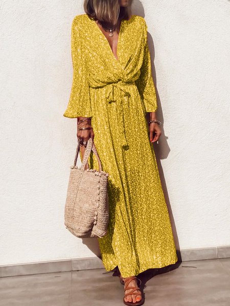 

Long Sleeve V-neck Floral Elegant Casual Maxi Dress, Yellow, Boho Dresses