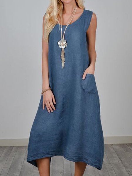 Women Summer Sleeveless Pockets Crew Neck Daily Cotton Plain Linen Dress, Navy blue, Midi Dresses