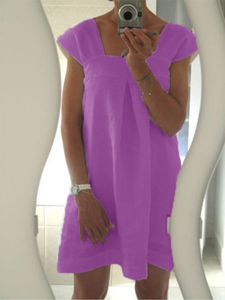 

zolucky White Short Sleeve Shift Solid Weaving Dress, Purple, Dresses