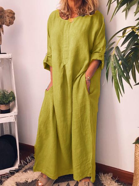 

Casual Long Sleeve Plain Dresses, Yellow, Maxi Dress