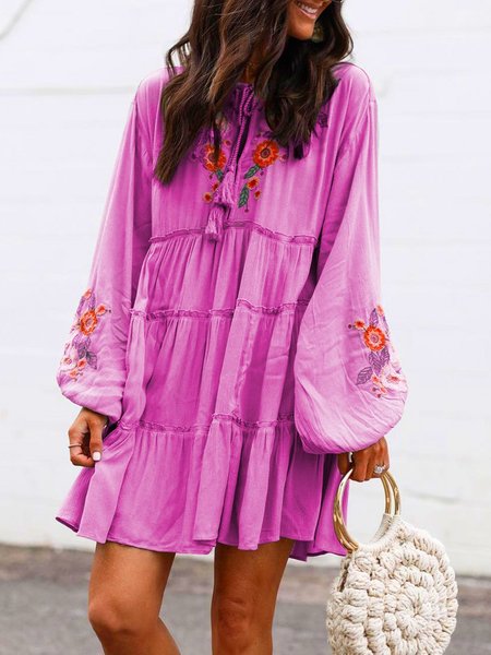 

Plus Size Long Sleeve Floral Tassel Charm Elegant Casual Mini Dress, Purple, Mini Dresses