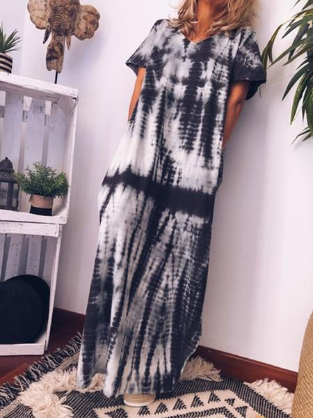 Maxi Gonna Casuale Sciolto Stampato, Nero, Casual Dresses