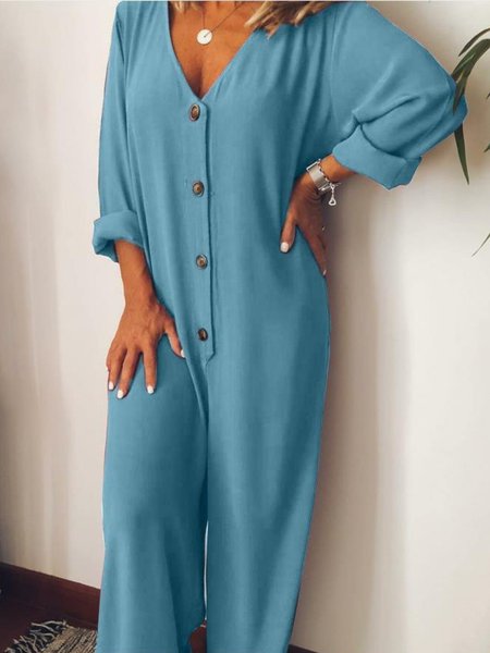 

taglia grande Casuale Scollo a V Maniche Lunghe Solido tuta, Blu, Jumpsuits