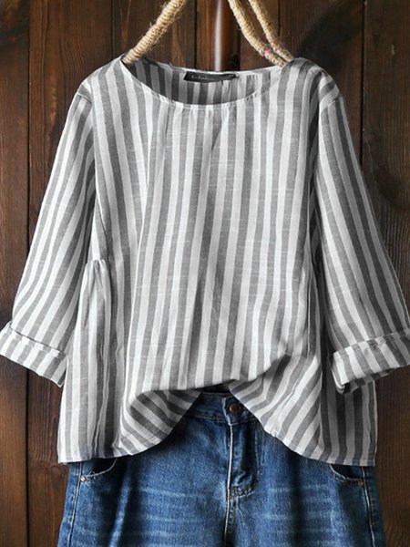 

Casual Cotton-Blend Round Neck T-shirt, Blue, Blouses & Shirts