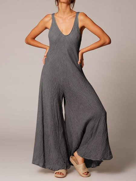 

taglia grande Donna Solido senza maniche Scollo a U Casuale tuta, Grigio, Jumpsuits