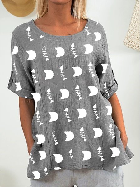 Animal Printed Casual Half Sleeve Crew Neck Shirt Gray/XXL