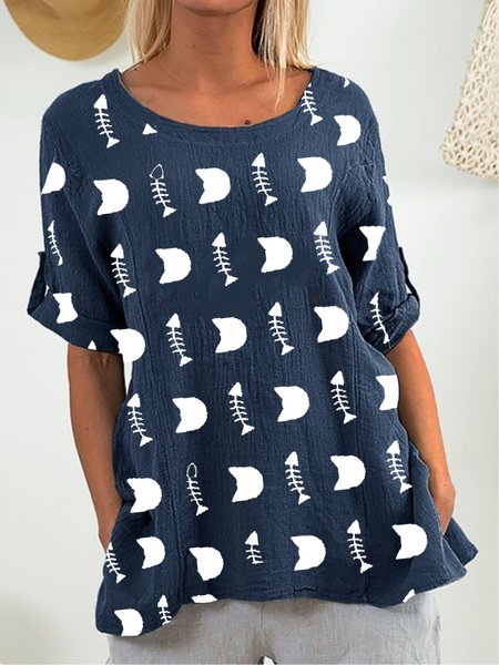 

Animal Printed Casual Half Sleeve Crew Neck Shirt, Navy blue, Tunics