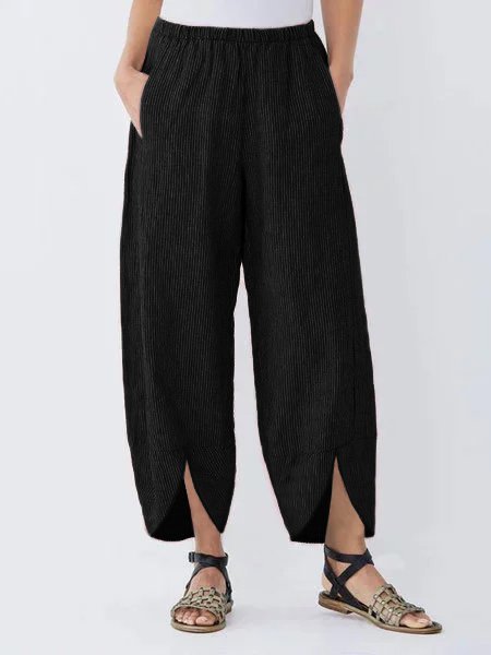 

Women Casual Shift Cotton Linen Striped Pockets Pants, Black, Pants