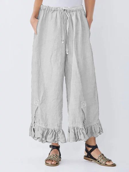 

Linen Draw String Ruffle Pants Comfy Linen Elastic Waistband Bloomers, White, Shorts