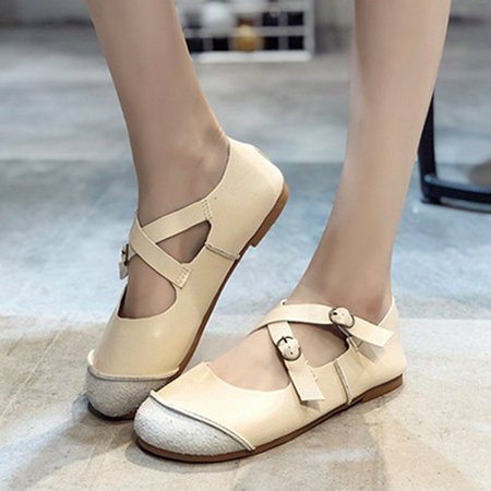 

Round Toe Crossover Front Casual Pu Flats Women, Off white, Flat & Loafers