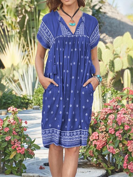 

Gonna Vacanza Tribale Stampato con Scollo a V con Maniche Corte Tasche, Blu, Casual Dresses