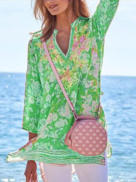 

zolucky Woman Chiffon Floral-Print Half Sleeve V Neck Elegant T-shirt, Green, Blouses & Shirts