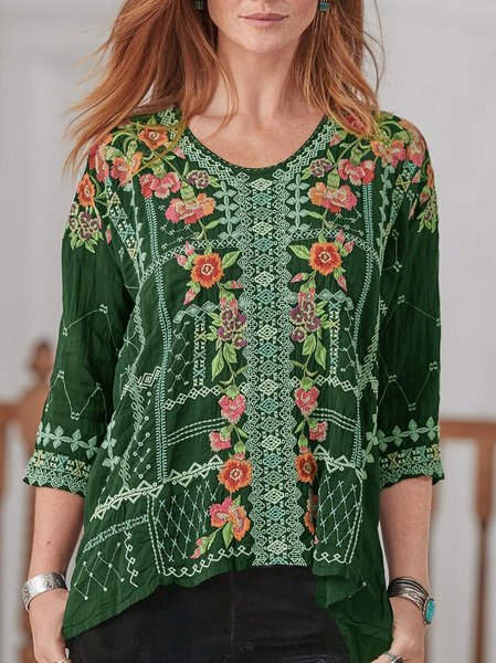 Camicetta & Top a Girocollo con 3/4 Manica, Verde, Blouses & Shirts