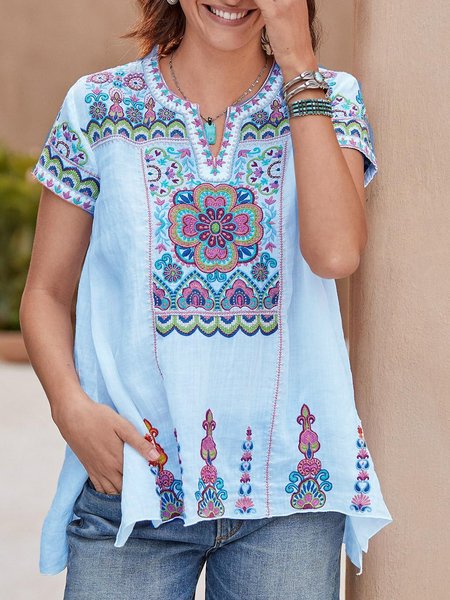 

V Neck Short Sleeve Casual Shirts & Tops, Blue, Blouses & Shirts