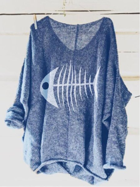

Camicetta & Top Stampato con Maniche Lunghe Animale con Scollo a V, Blu, Sweater
