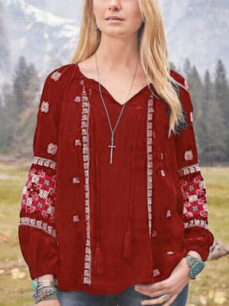 

Camicetta & Top Nero con Scollo a V Misto Cotone Stampato Elegante, Vino rosso, Blouses & Shirts
