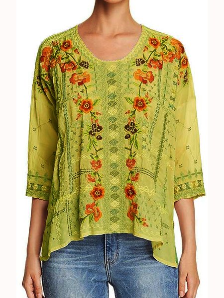 

Camicetta & Top Casuale a Girocollo Tinta Unita, Giallo, Blouses & Shirts