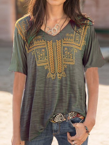 

Women Boho Vintage V neck Short Sleeve Shirts T-shirts Top, Gray, T-shirts