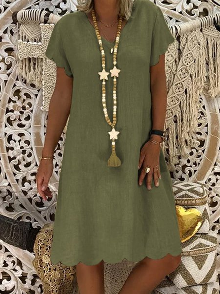 

V Neck Laser Cut Shift Short Sleeve Date Cotton-Blend Plain Casual Summer Weaving Dress, Green, Dresses