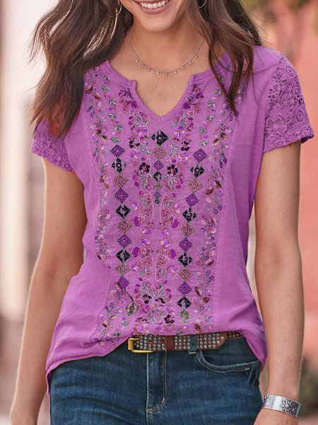 

JFN Splited Round Neck Tribal Casual Mexican Blouse, Purple, T-Shirts