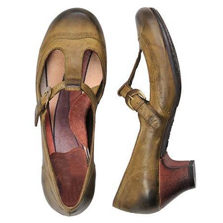 

Womens Vintage Chunky Heel T-Strap Sandals, Khaki, Flat & Loafers