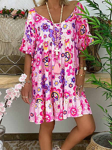 

Gonna con Mezza Manica Floreale con Scollo a V, Rosa, Dresses