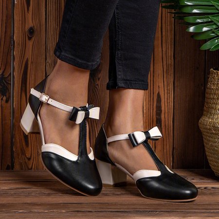 

Sandali T-Strap Nodo di Farfalla Estate Casuale con Tacco Grosso Fibbia, Nero, Sandals