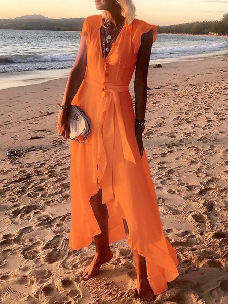 

V Neck Women Dresses A-Line Going Out Chiffon Plain Dresses, Orange, Dresses