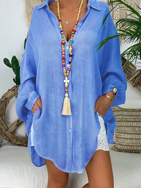 

Camicetta Colletto a Camicia Casuale Tinta unita, Blu, Blouses & Shirts