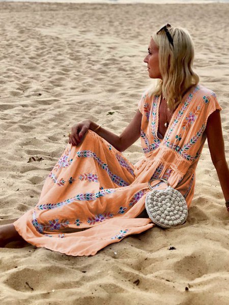 

Women Cotton Linen V Neck Boho Short Sleeve Dress, Orange, Maxi Dresses