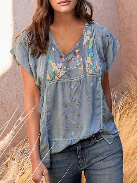 

Camicetta & Top Stampato con Maniche Corte Misto Cotone, Blu grigio, Blouses & Shirts