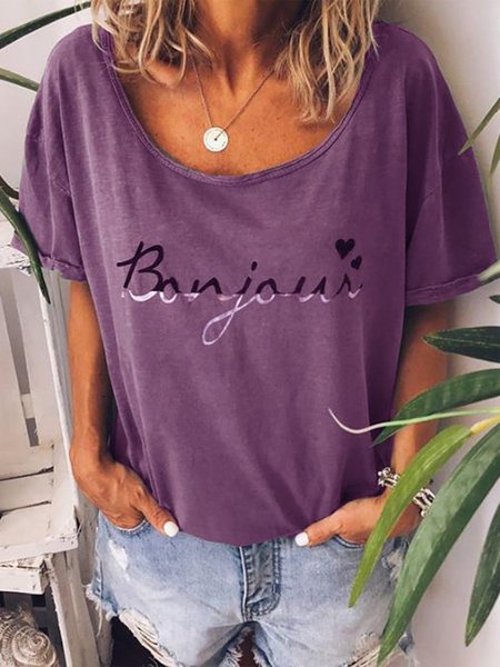 

Girocollo Maniche Corte Casuale Stampato Camicie, Viola, T-Shirts