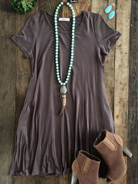 

Maniche Corte Casuale Misto Cotone Girocollo Abito, Grigio, Dresses