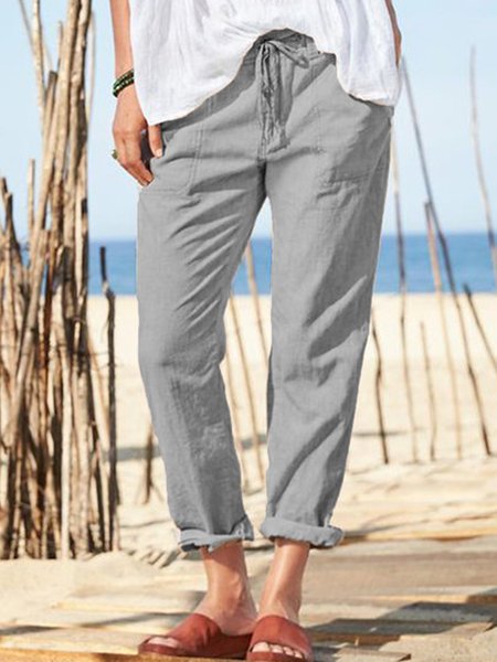 

Khaki Cotton-Blend Casual Patchwork Pants, Gray, Pants