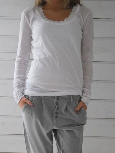 

Solid Casual Long Sleeve Lace T-shirt, White, Tops