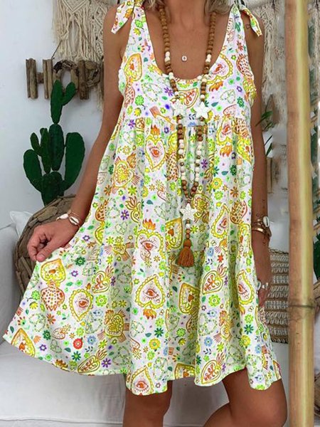 

Vacanza Stampata Floreale Scollo a V senza maniche Mini Gonna, Giallo, Casual Dresses