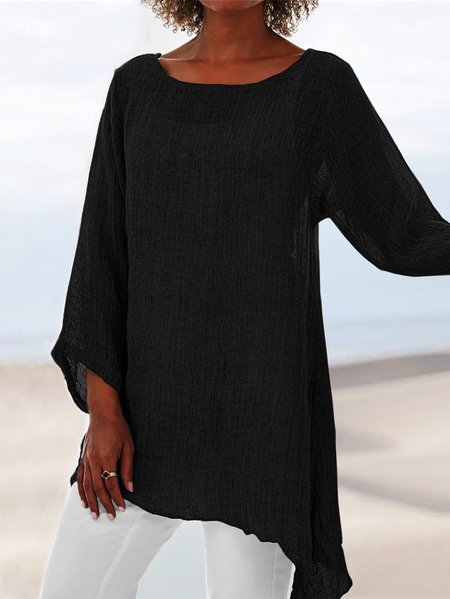 zolucky Asymmetrical Hem Long Tunic Shirts, Black, Blouses & Shirts